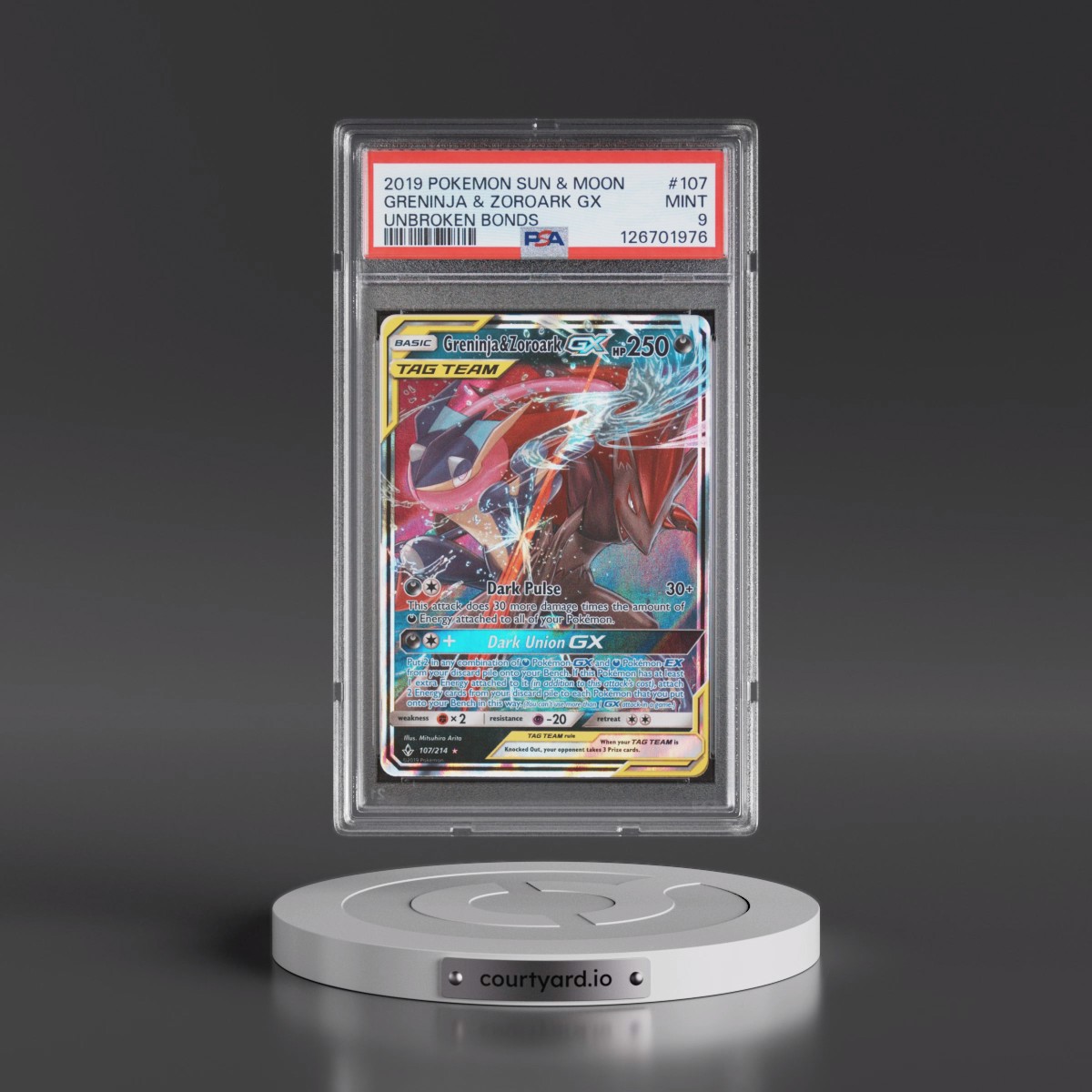 2019 Pokémon Sun & Moon Unbroken Bonds #107 Greninja & Zoroark GX - Holo (PSA 9 MINT)