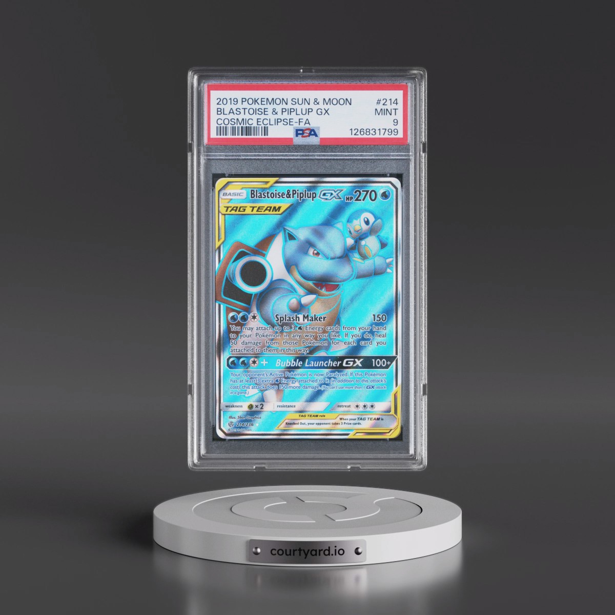 2019 Pokémon Sun & Moon Cosmic Eclipse #214 Blastoise & Piplup GX - Holo Full Art (PSA 9 MINT)