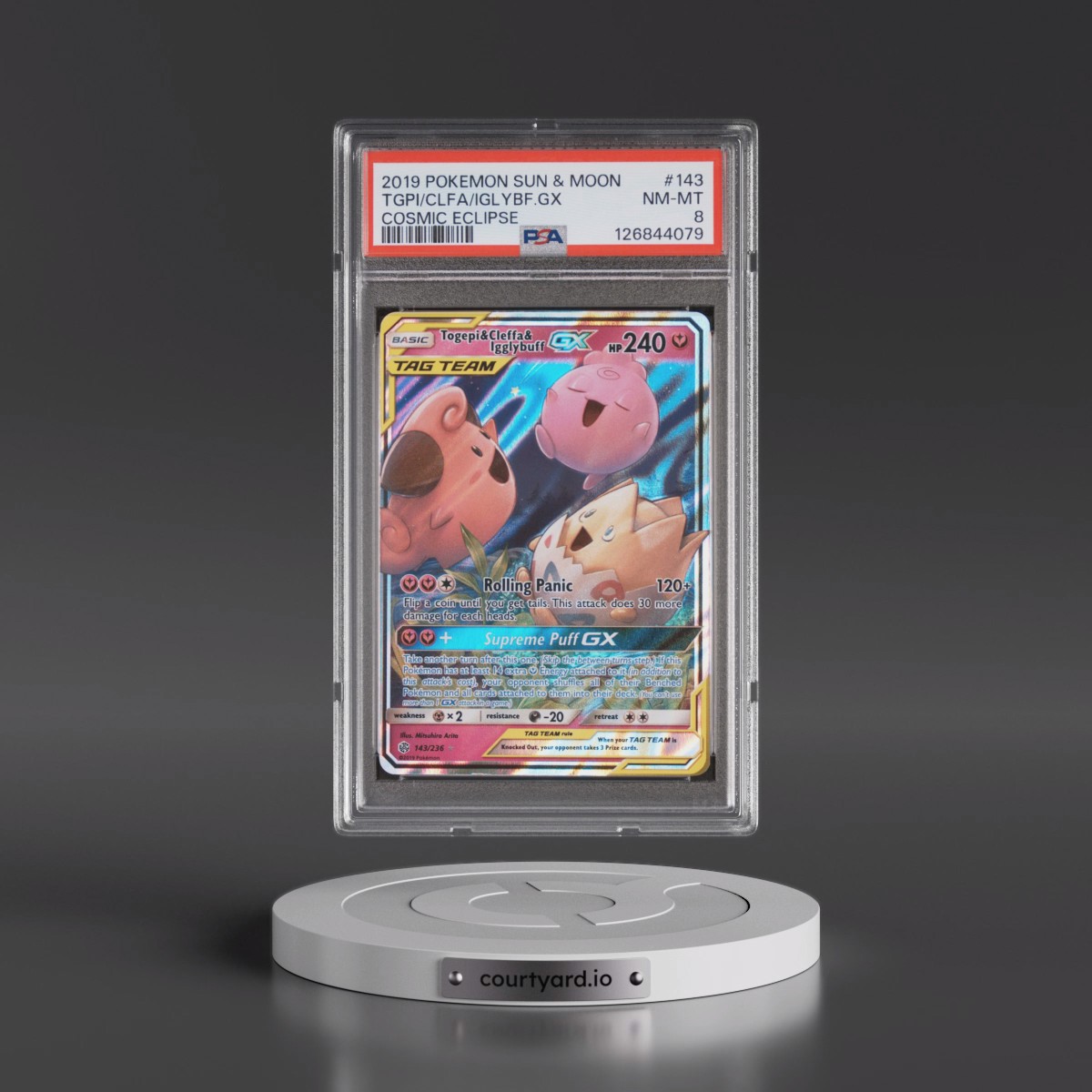 2019 Pokémon Sun & Moon Cosmic Eclipse #143 Togepi & Cleffa & Igglybuff GX - Holo (PSA 8 NM-MT)