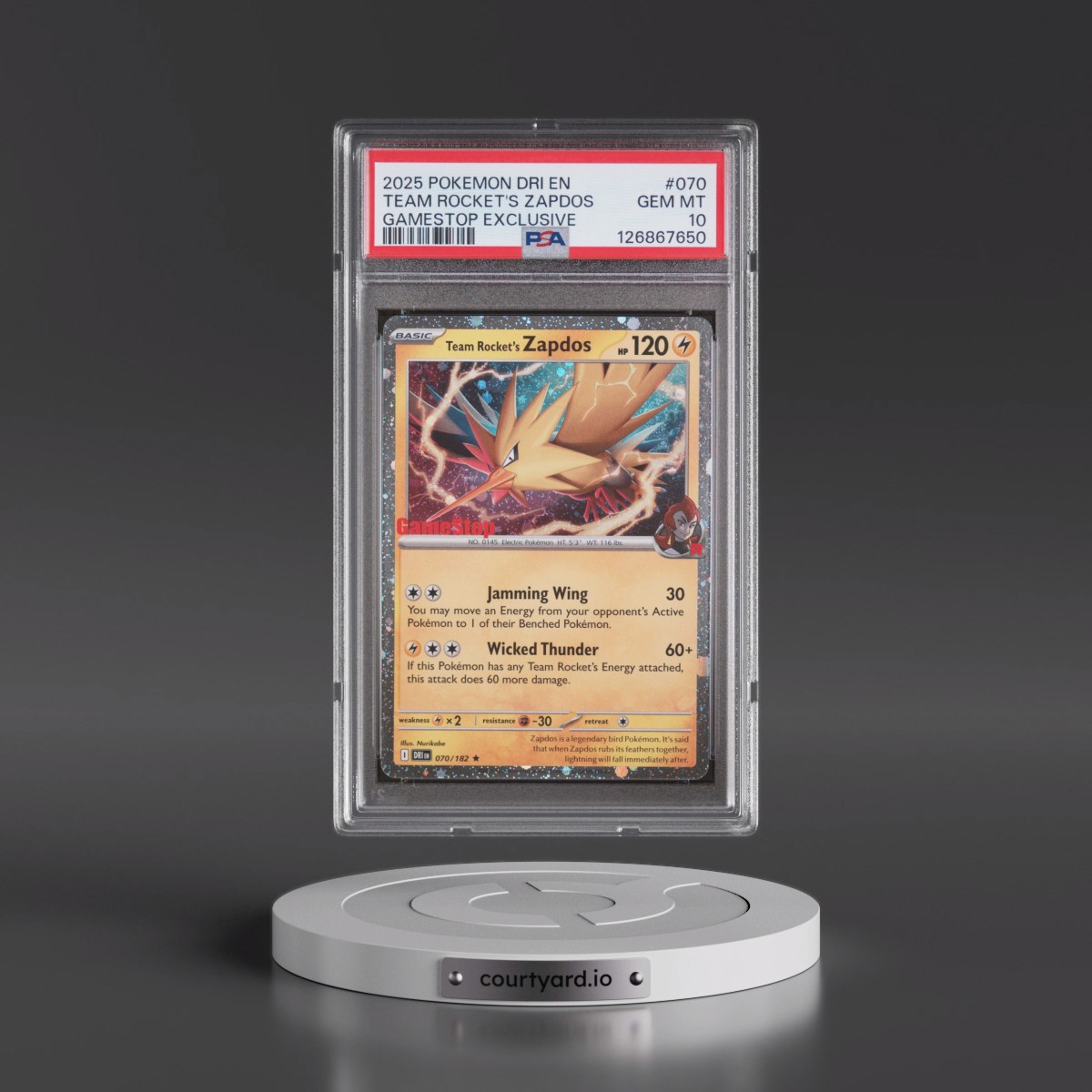 2025 Pokémon Dri EN-Destined Rivals #070 Team Rocket's Zapdos - Gamestop Exclusive (PSA 10 GEM MINT)