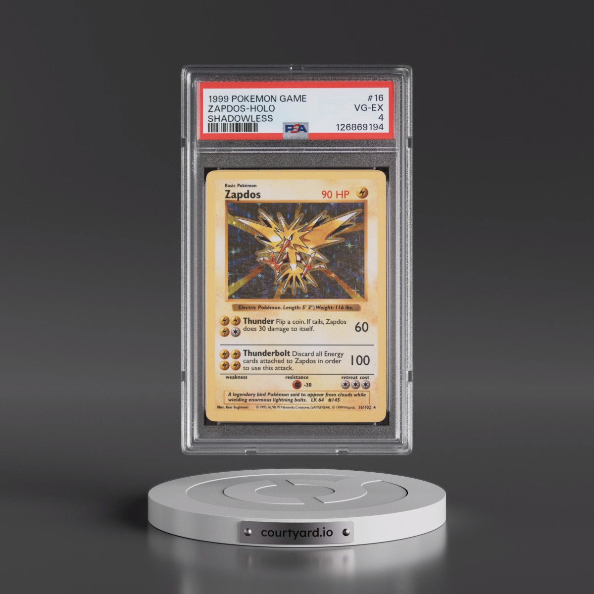 1999 Pokémon Game #16 Zapdos - Holo Shadowless (PSA 4 VG-EX)