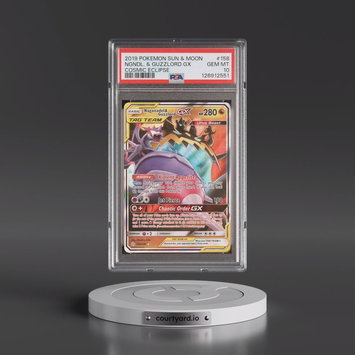 2019 Pokémon Sun & Moon Cosmic Eclipse #158 Naganadel & Guzzlord GX - Holo (PSA 10 GEM MINT)