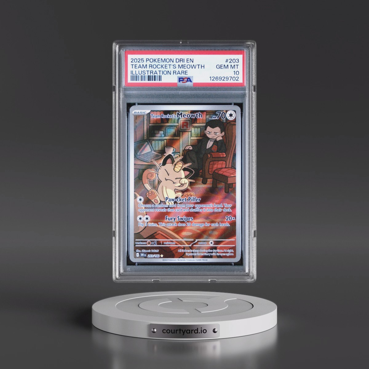 2025 Pokémon Dri EN-Destined Rivals #203 Team Rocket's Meowth - Illustration Rare (PSA 10 GEM MINT)