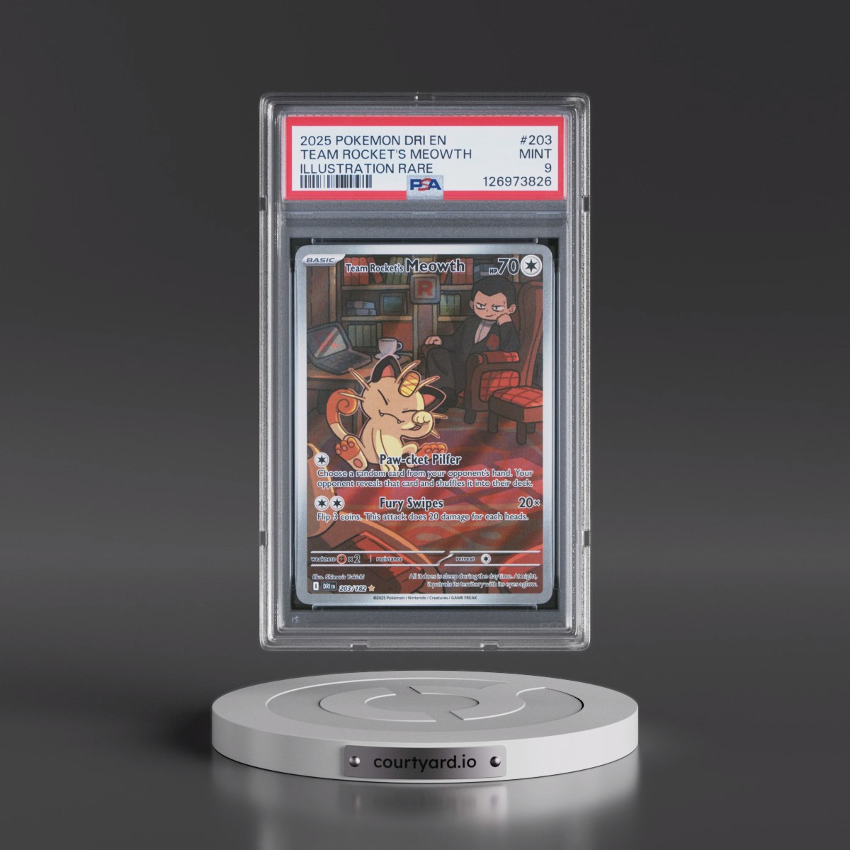 2025 Pokémon Dri EN-Destined Rivals #203 Team Rocket's Meowth - Illustration Rare (PSA 9 MINT)