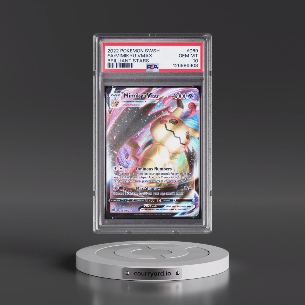 2022 Pokémon Sword & Shield Brilliant Stars #069 Mimikyu Vmax - Full Art (PSA 10 GEM MINT)