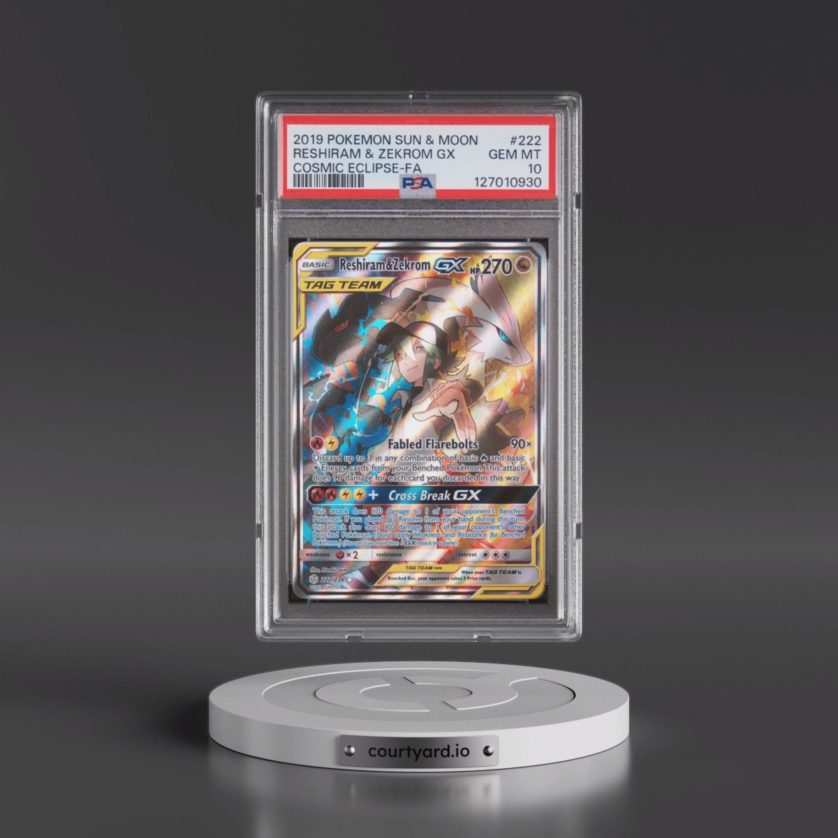 2019 Pokémon Sun & Moon Cosmic Eclipse Reshiram & Zekrom GX - Holo Full Art #222 PSA 10