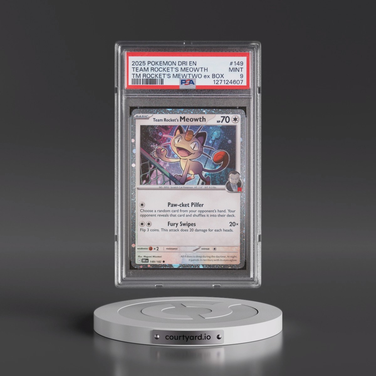 2025 Pokémon Dri EN-Destined Rivals #149 Team Rocket's Meowth - Team Rocket's Mewtwo EX Box (PSA 9 MINT)