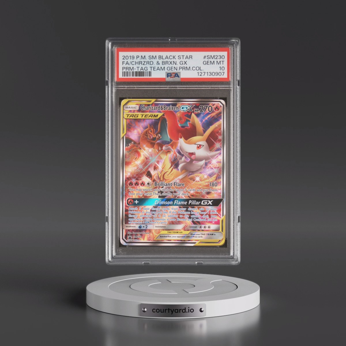 2019 Pokémon SM Black Star Promo #SM230 Charizard & Braixen GX - Holo Full Art Tag Team Generations Premium Collection (PSA 10 GEM MINT)