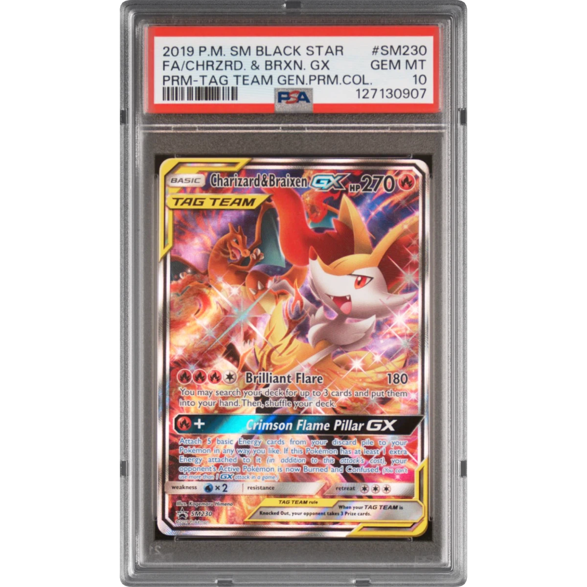 2019 Pokémon SM Black Star Promo #SM230 Charizard & Braixen GX - Holo Full Art Tag Team Generations Premium Collection (PSA 10 GEM MINT)