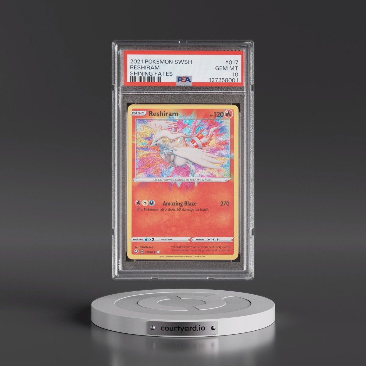 2021 Pokémon Sword & Shield Shining Fates #017 Reshiram (PSA 10 GEM MINT)