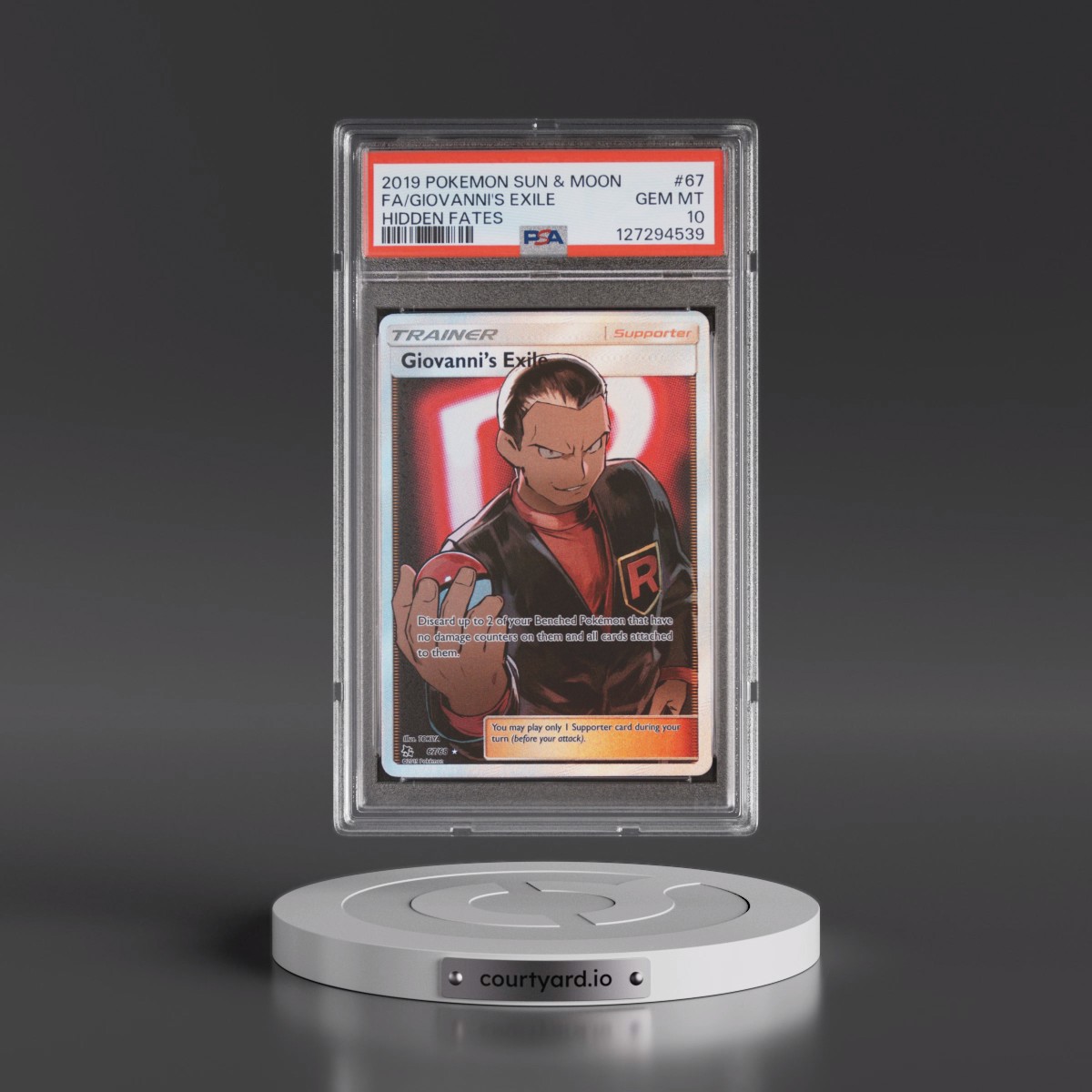 2019 Pokémon Sun & Moon Hidden Fates #67 Giovanni's Exile - Full Art (PSA 10 GEM MINT)