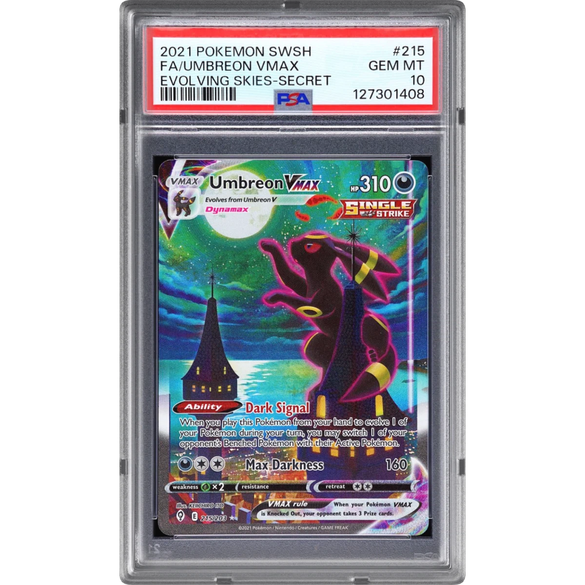 2021 Pokémon Sword & Shield Evolving Skies #215 Umbreon Vmax - Full Art Secret (PSA 10 GEM MINT)