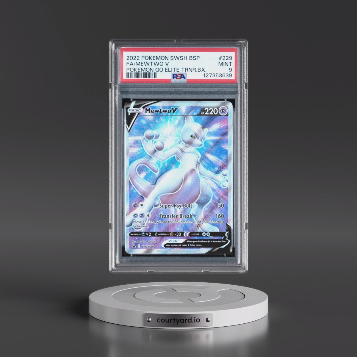 2022 Pokémon Swsh Black Star Promo #229 Mewtwo V - Holo Full Art Pokemon Go Elite Trainer Box (PSA 9 MINT)
