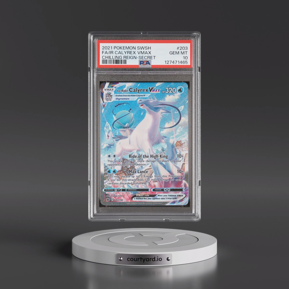 2021 Pokémon Sword & Shield Chilling Reign #203 Ice Rider Calyrex Vmax - Full Art Secret (PSA 10 GEM MINT)