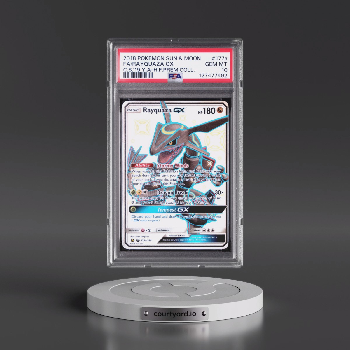 2018 Pokémon Sun & Moon Celestial Storm #177a Rayquaza GX - Holo Full Art 2019 Yellow A Hidden Fates Premium Collection (PSA 10 GEM MINT)