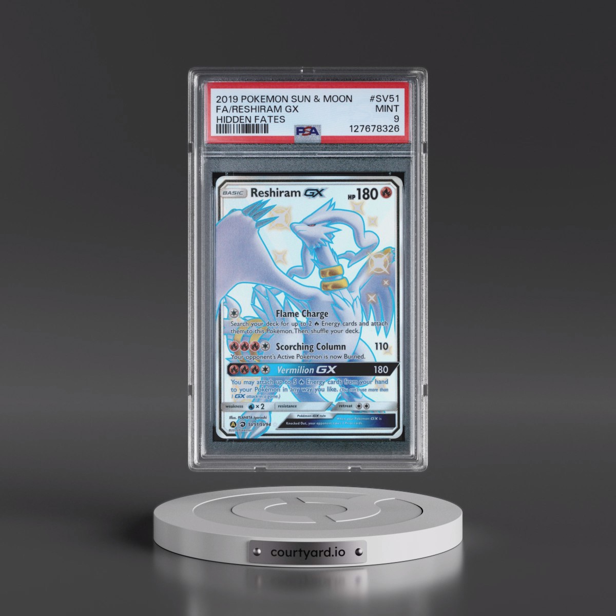 2019 Pokémon Sun & Moon Hidden Fates #SV51 Reshiram GX - Holo Full Art (PSA 9 MINT)