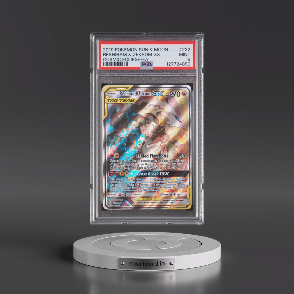 2019 Pokémon Sun & Moon Cosmic Eclipse Reshiram & Zekrom GX - Holo Full Art #222 PSA 9