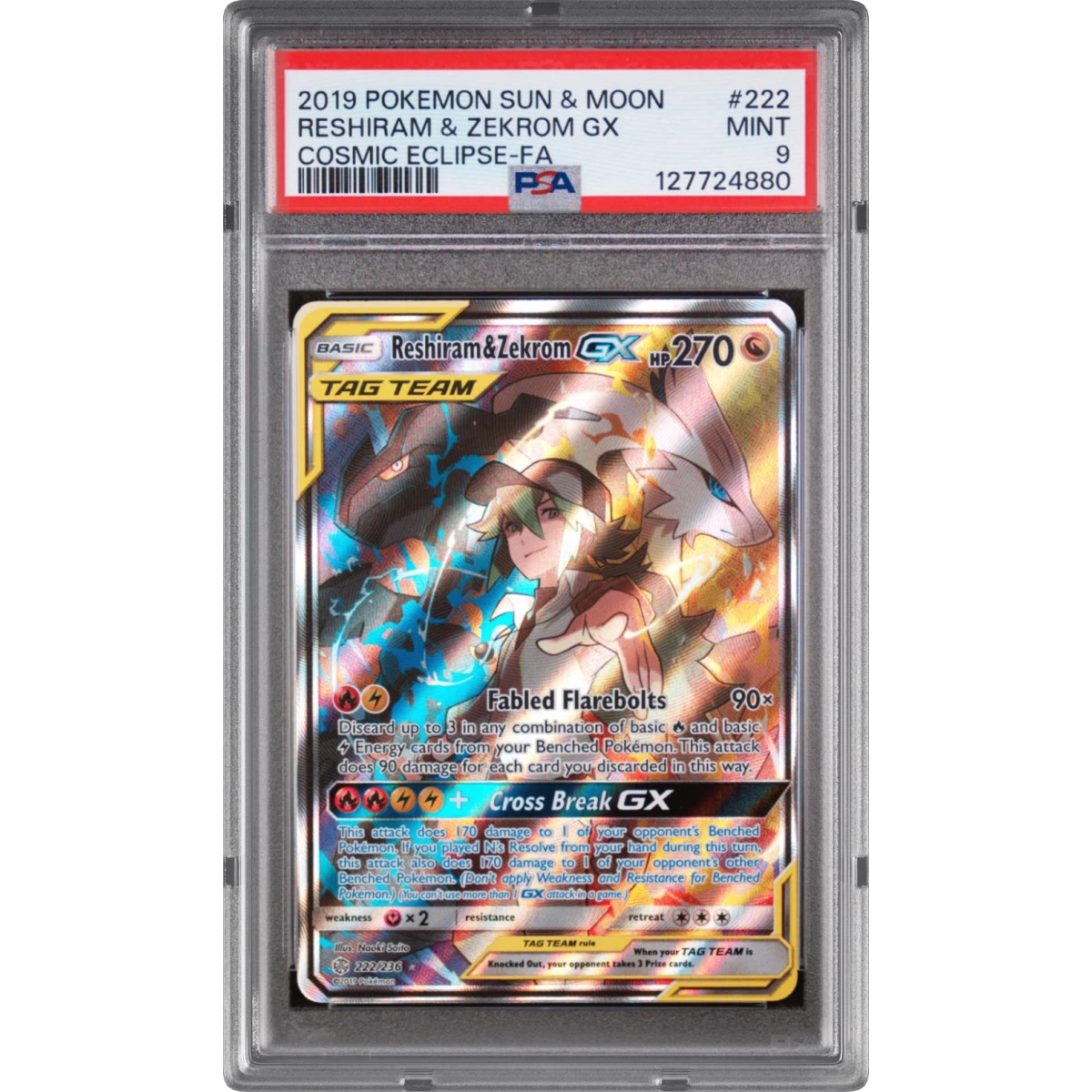 2019 Pokémon Sun & Moon Cosmic Eclipse #222 Reshiram & Zekrom GX - Holo Full Art (PSA 9 MINT)