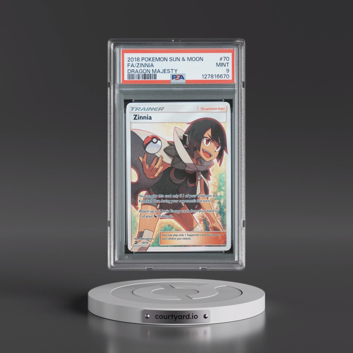 2018 Pokémon Sun & Moon Dragon Majesty #70 Zinnia - Full Art (PSA 9 MINT)