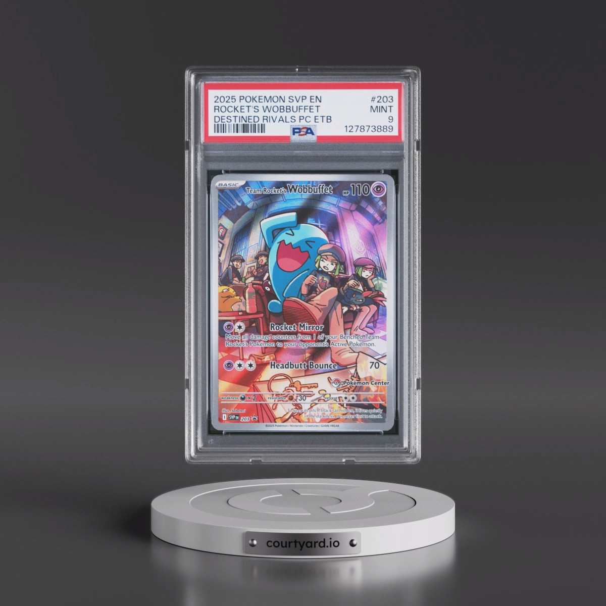 2025 Pokémon Svp EN-SV Black Star Promo #203 Team Rocket's Wobbuffet - Destined Rivals Pokemon Center Elite Trainer Box (PSA 9 MINT)