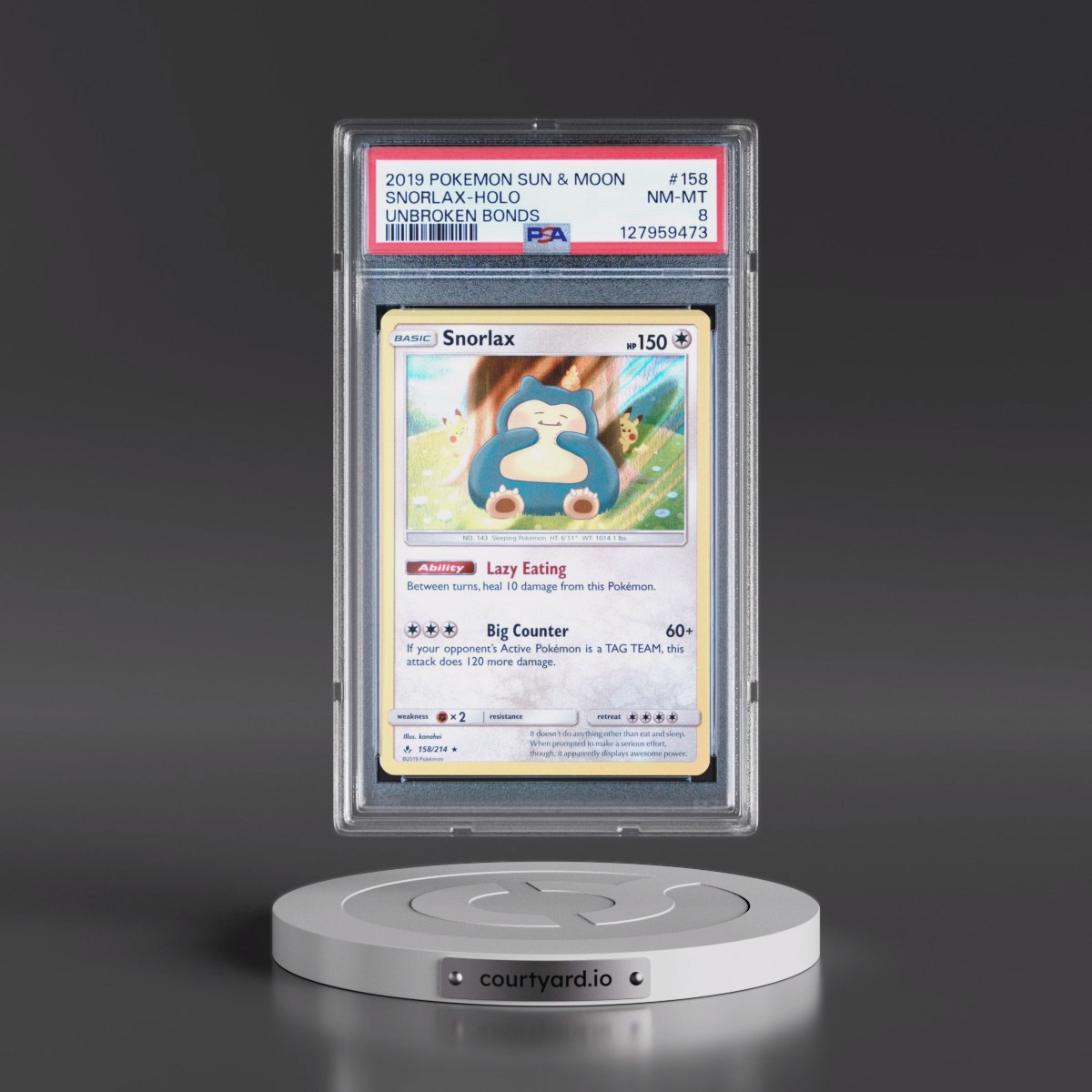 2019 Pokémon Sun & Moon Unbroken Bonds #158 Snorlax - Holo (PSA 8 NM-MT)