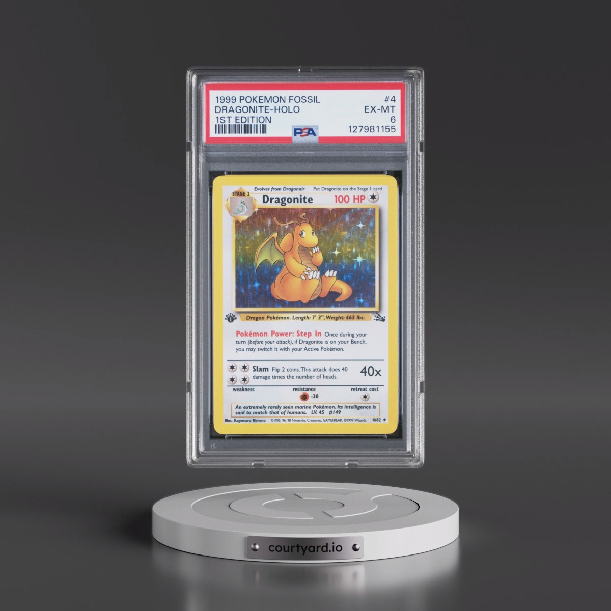 1999 Pokémon Fossil #4 Dragonite - 1st Edition Holo (PSA 6 EX-MT)