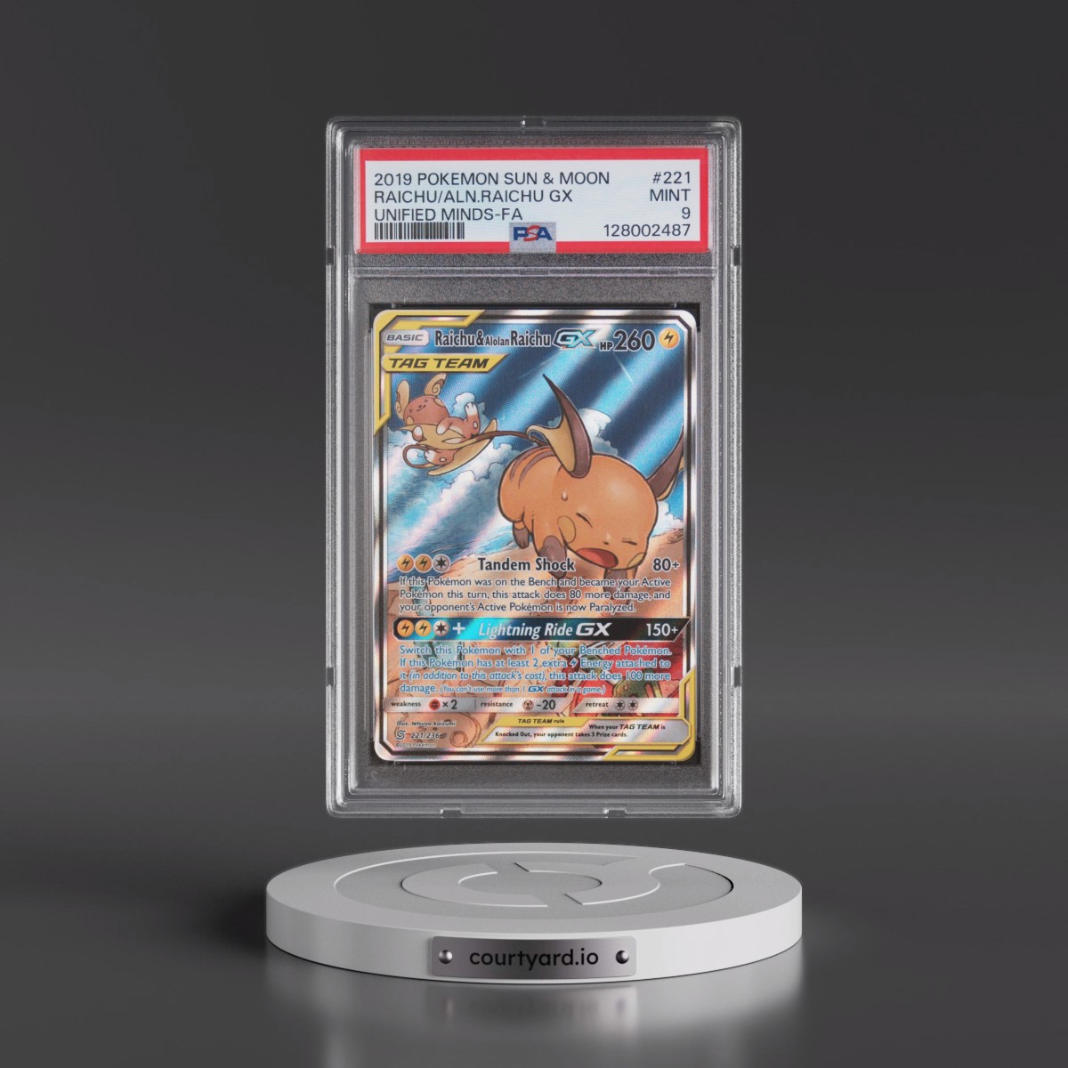 2019 Pokémon Sun & Moon Unified Minds #221 Raichu & Alolan Raichu GX - Holo Full Art (PSA 9 MINT)