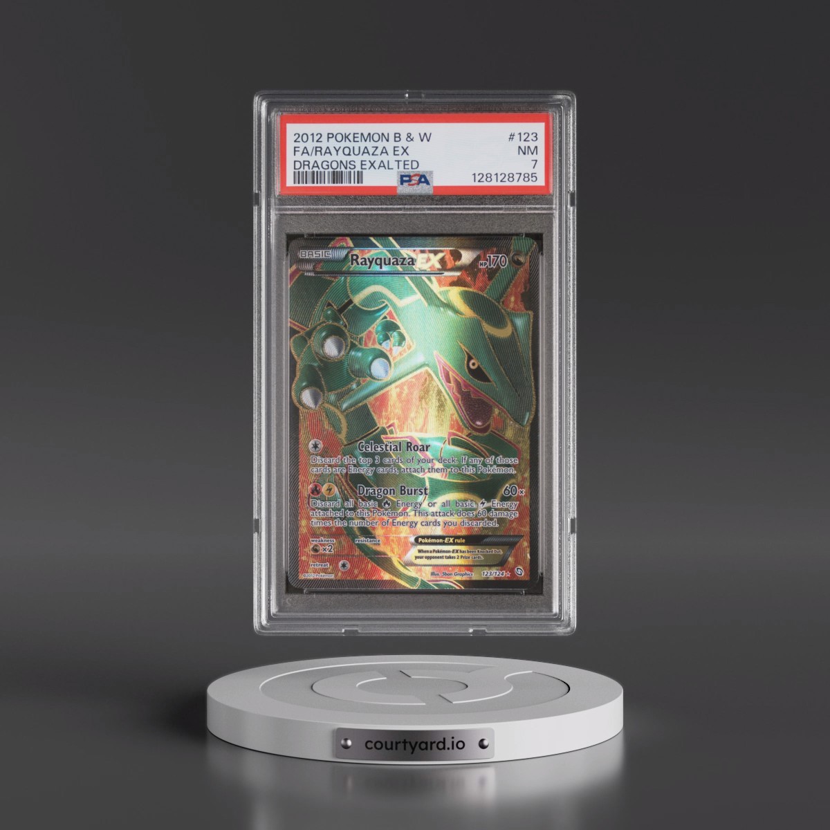 2012 Pokémon Black & White Dragons Exalted #123 Rayquaza EX - Holo Full Art (PSA 7 NM)