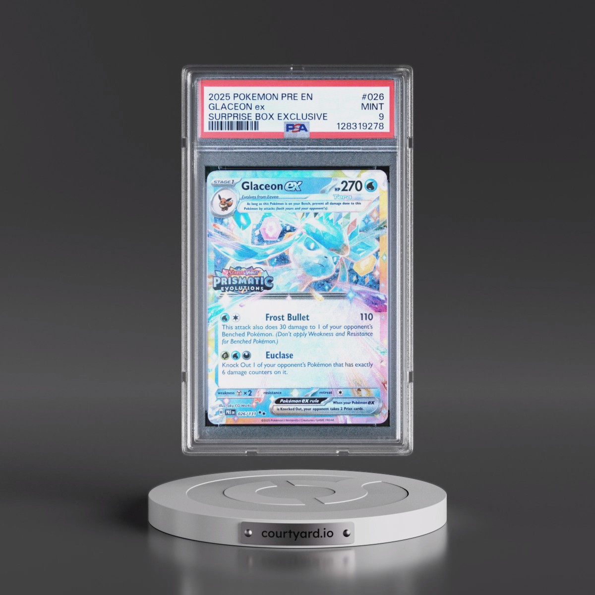 2025 Pokémon Pre EN-Prismatic Evolutions #026 Glaceon EX - Holo Surprise Box Exclusive (PSA 9 MINT)