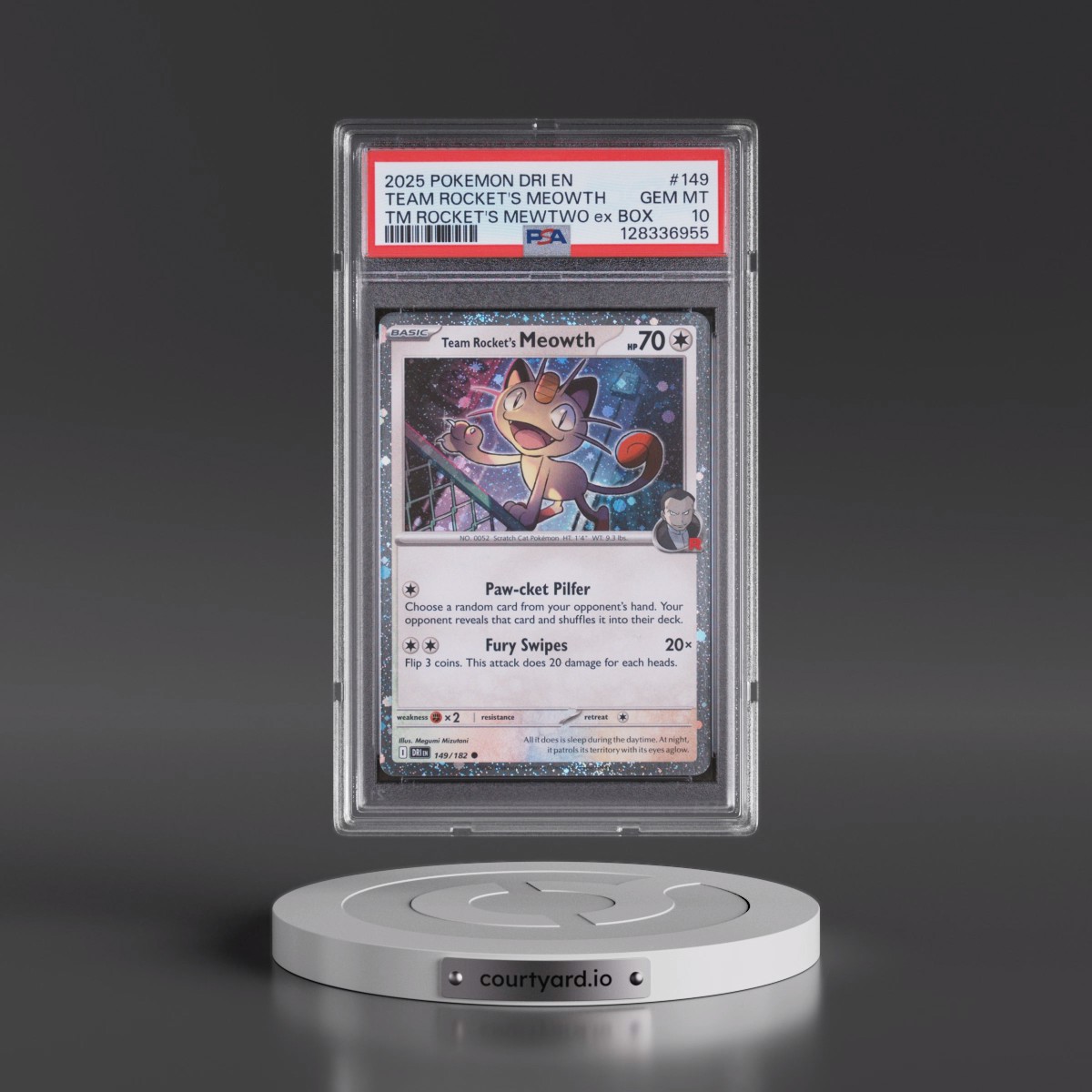 2025 Pokémon Dri EN-Destined Rivals #149 Team Rocket's Meowth - Team Rocket's Mewtwo EX Box (PSA 10 GEM MINT)