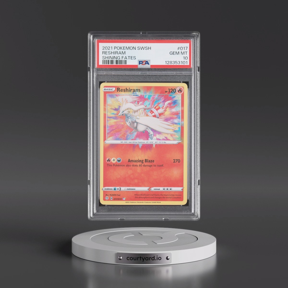 2021 Pokémon Sword & Shield Shining Fates #017 Reshiram (PSA 10 GEM MINT)