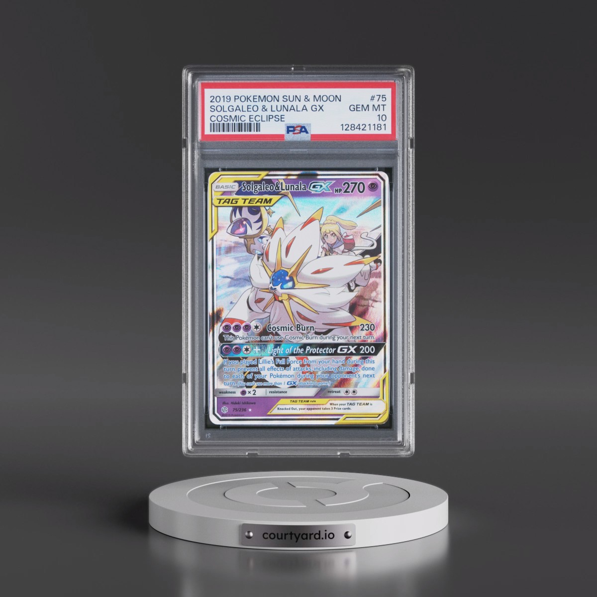 2019 Pokémon Sun & Moon Cosmic Eclipse #75 Solgaleo & Lunala GX - Holo (PSA 10 GEM MINT)