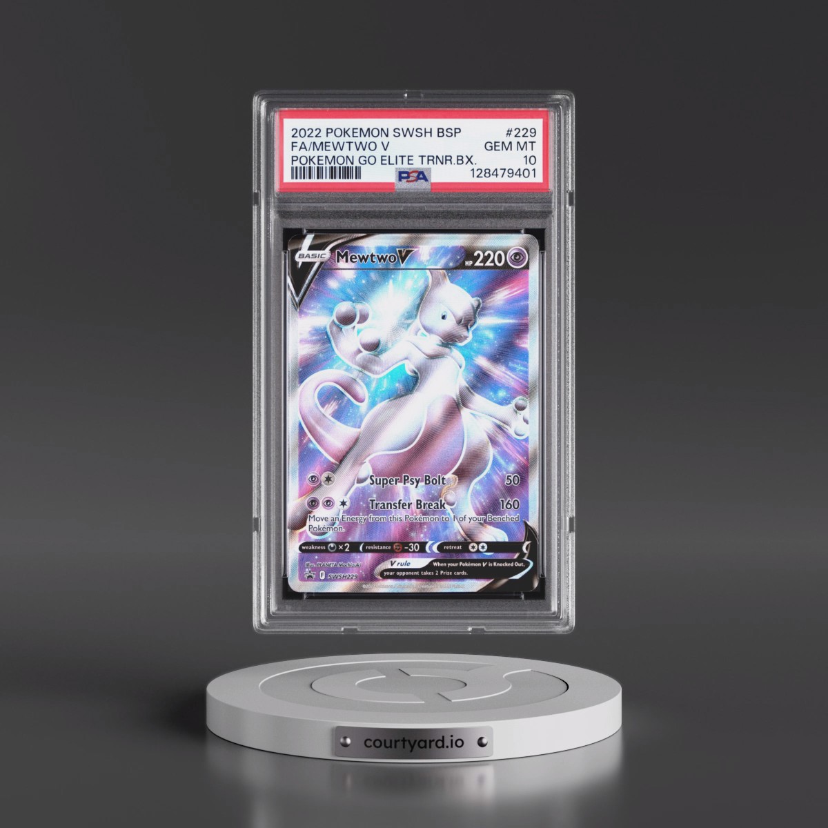 2022 Pokémon Swsh Black Star Promo #229 Mewtwo V - Holo Full Art Pokemon Go Elite Trainer Box (PSA 10 GEM MINT)