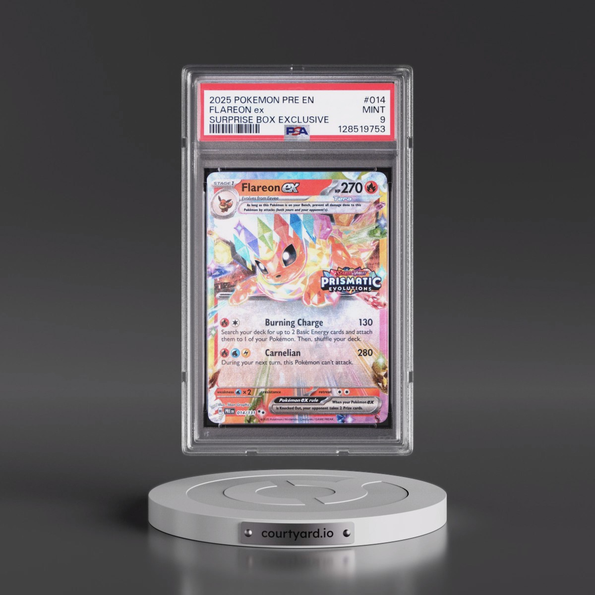 2025 Pokémon Pre EN-Prismatic Evolutions #014 Flareon EX - Holo Surprise Box Exclusive (PSA 9 MINT)