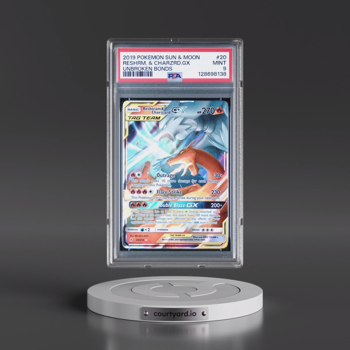2019 Pokémon Sun & Moon Unbroken Bonds #20 Reshiram & Charizard GX - Holo (PSA 9 MINT)
