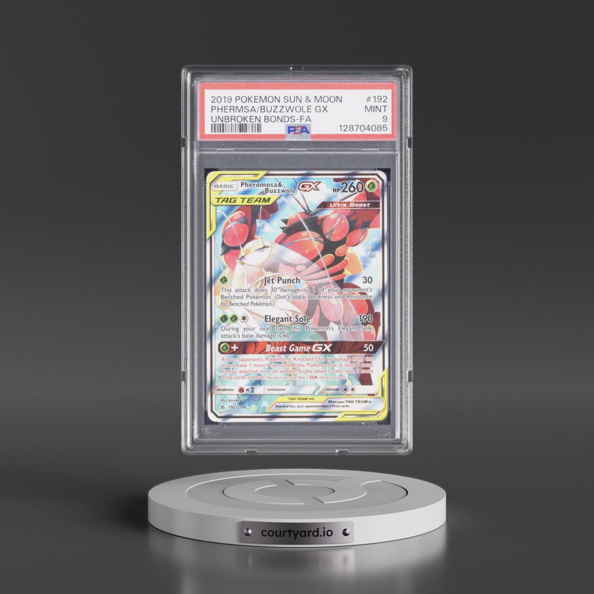 2019 Pokémon Sun & Moon Unbroken Bonds #192 Pheromosa & Buzzwole GX - Holo Full Art (PSA 9 MINT)