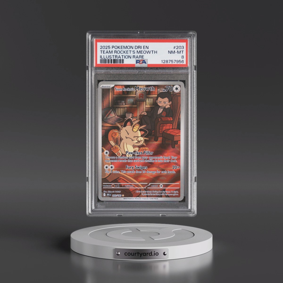 2025 Pokémon Dri EN-Destined Rivals #203 Team Rocket's Meowth - Illustration Rare (PSA 8 NM-MT)