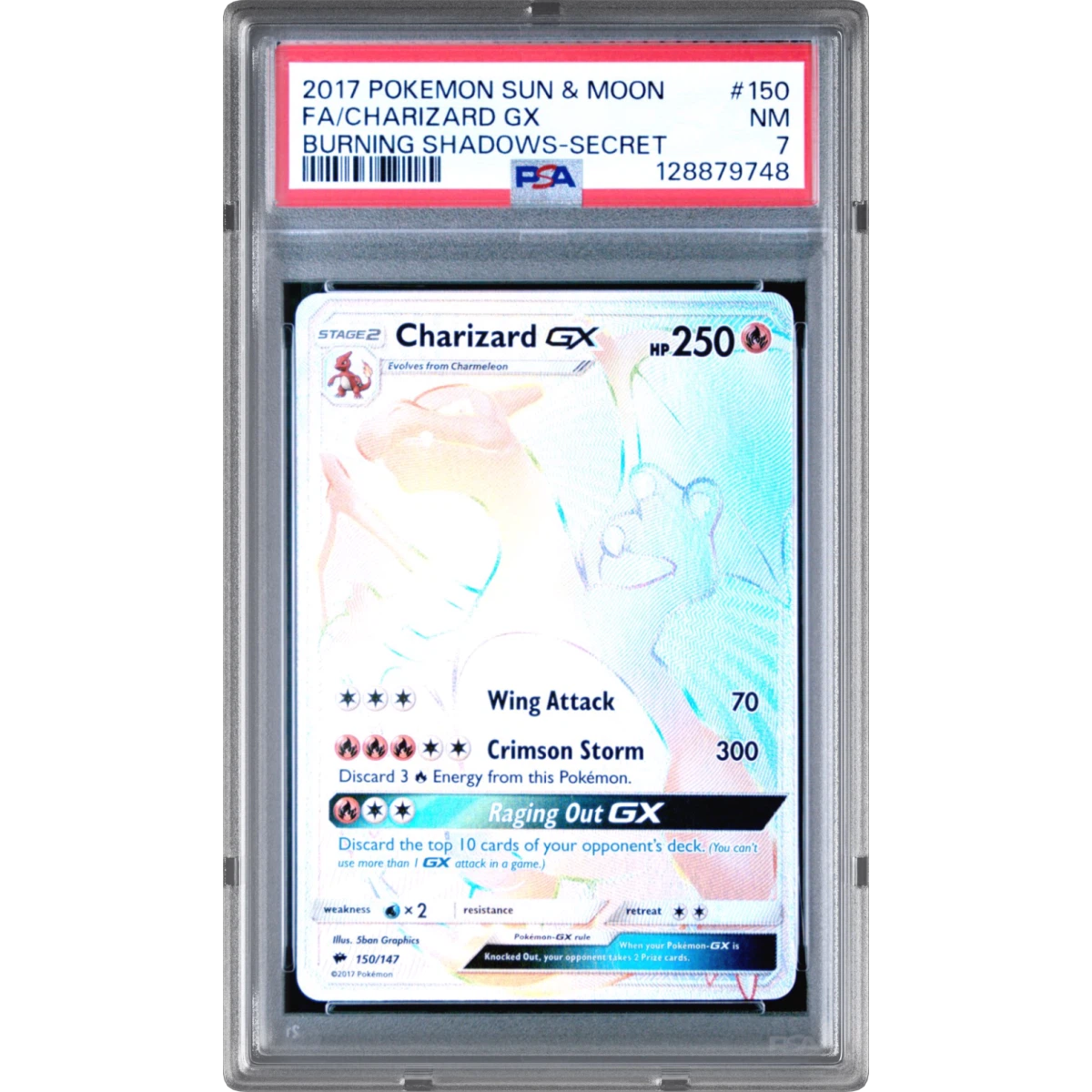 2017 Pokémon Sun & Moon Burning Shadows #150 Charizard GX - Holo Full Art Secret, PSA 7