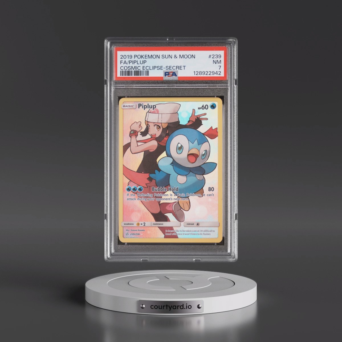 2019 Pokémon Sun & Moon Cosmic Eclipse #239 Piplup - Full Art Secret (PSA 7 NM)