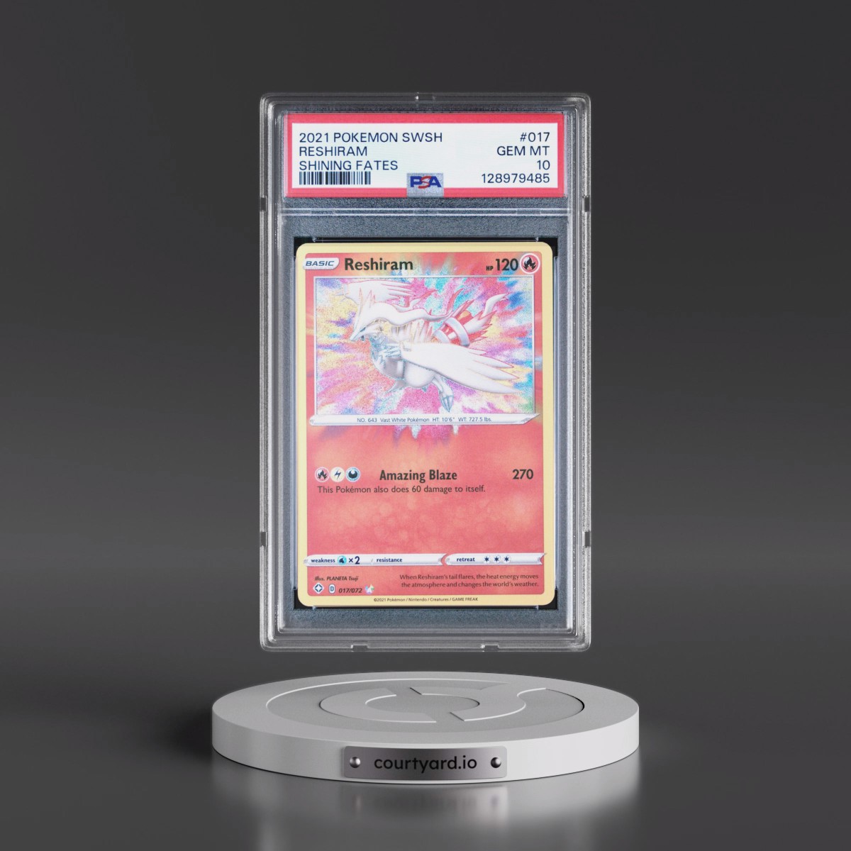 2021 Pokémon Sword & Shield Shining Fates #017 Reshiram (PSA 10 GEM MINT)