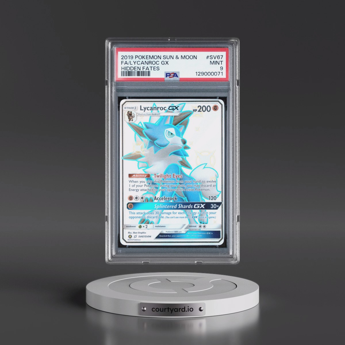2019 Pokémon Sun & Moon Hidden Fates #SV67 Lycanroc GX - Holo Full Art (PSA 9 MINT)