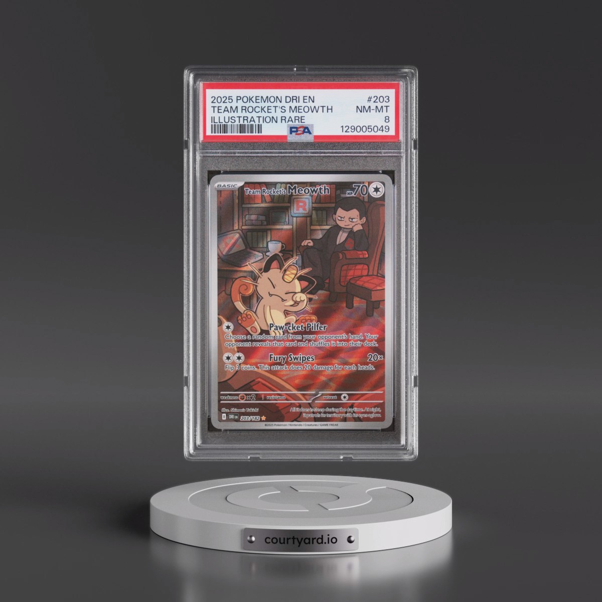 2025 Pokémon Dri EN-Destined Rivals #203 Team Rocket's Meowth - Illustration Rare (PSA 8 NM-MT)