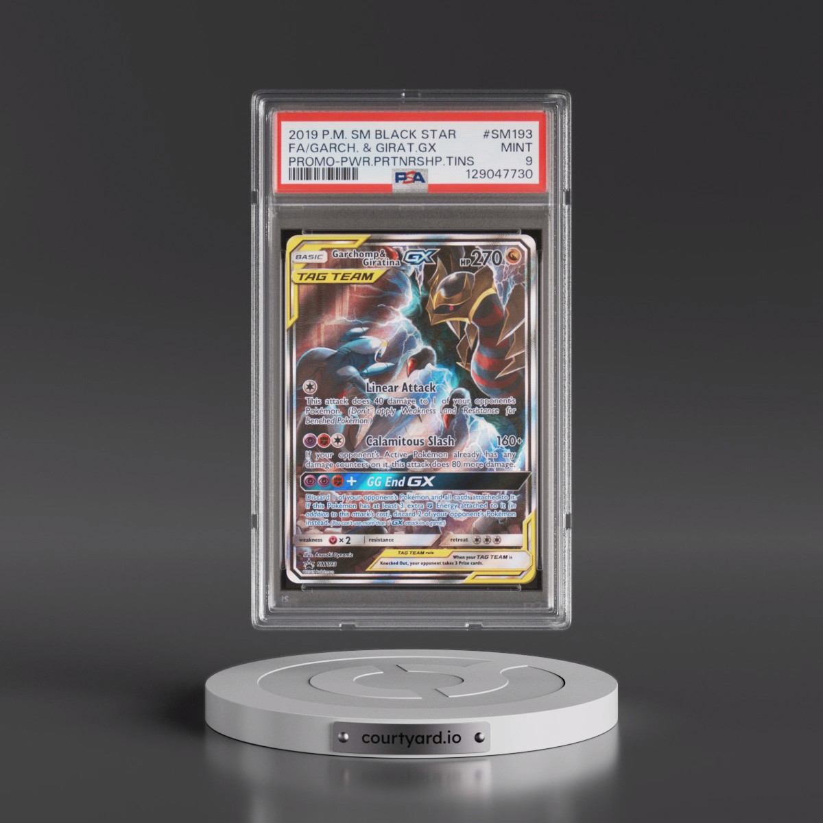 2019 Pokémon SM Black Star Promo #SM193 Garchomp & Giratina GX - Holo Full Art Power Partnership Tins (PSA 9 MINT)