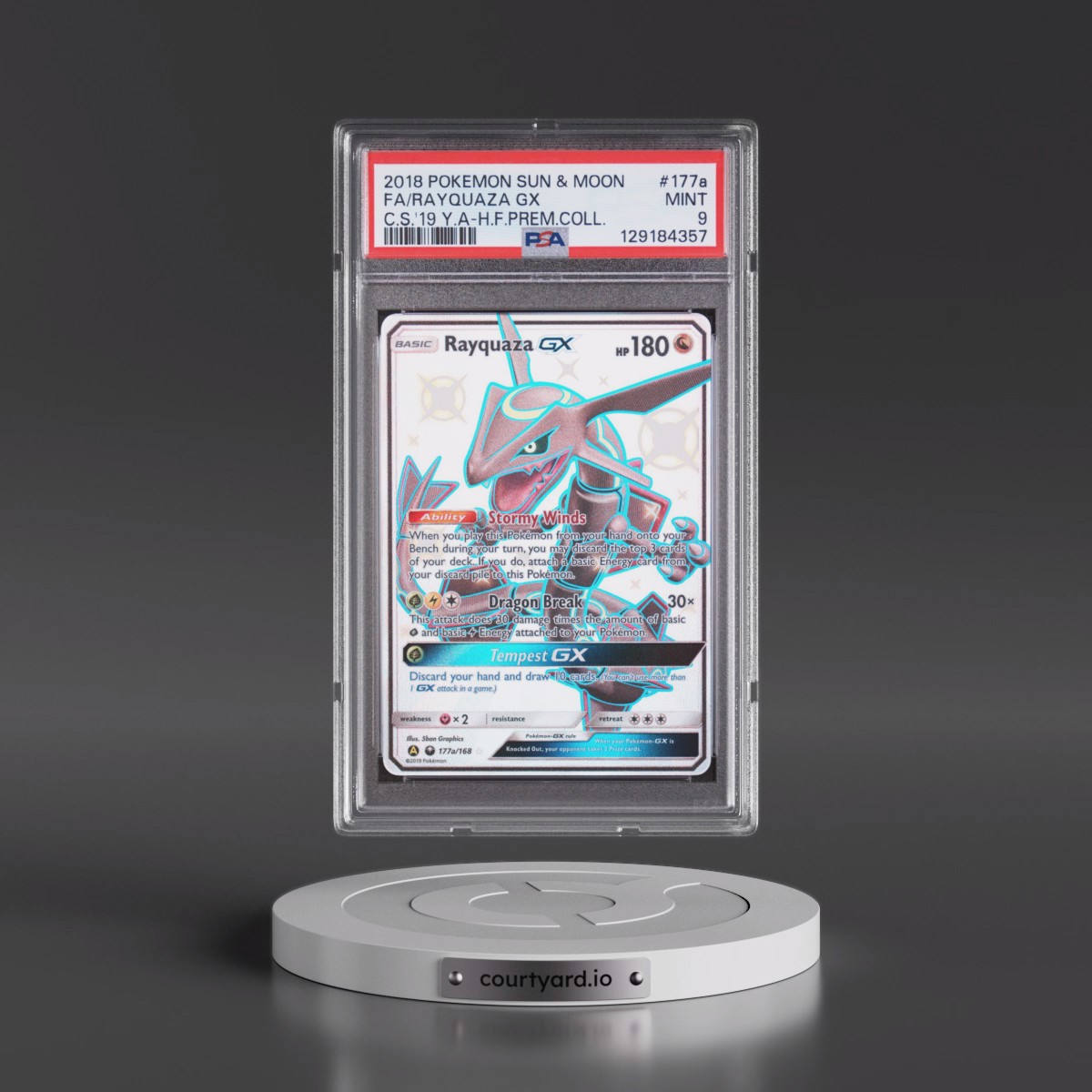 2018 Pokémon Sun & Moon Celestial Storm #177a Rayquaza GX - Holo Full Art 2019 Yellow A Hidden Fates Premium Collection (PSA 9 MINT)