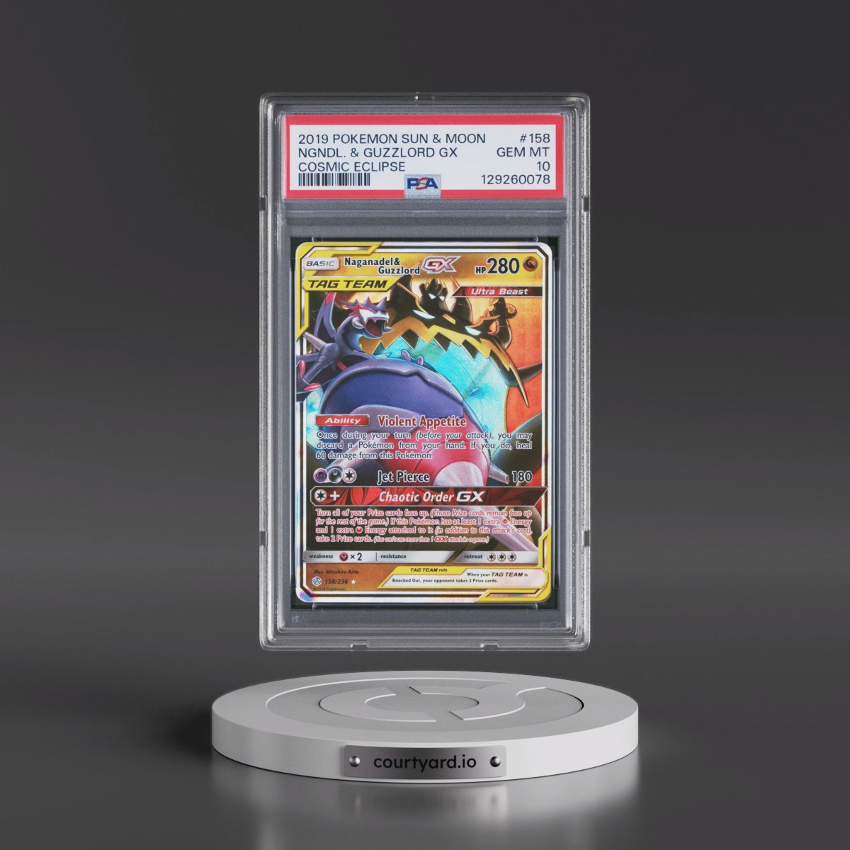 2019 Pokémon Sun & Moon Cosmic Eclipse #158 Naganadel & Guzzlord GX - Holo (PSA 10 GEM MINT)