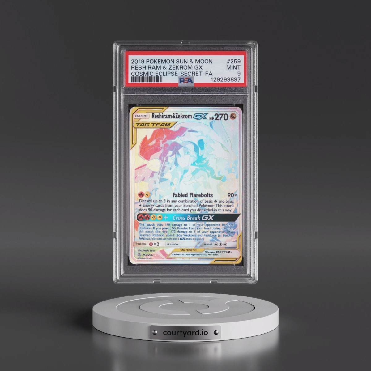 2019 Pokémon Sun & Moon Cosmic Eclipse #259 Reshiram & Zekrom GX - Holo Full Art Secret (PSA 9 MINT)