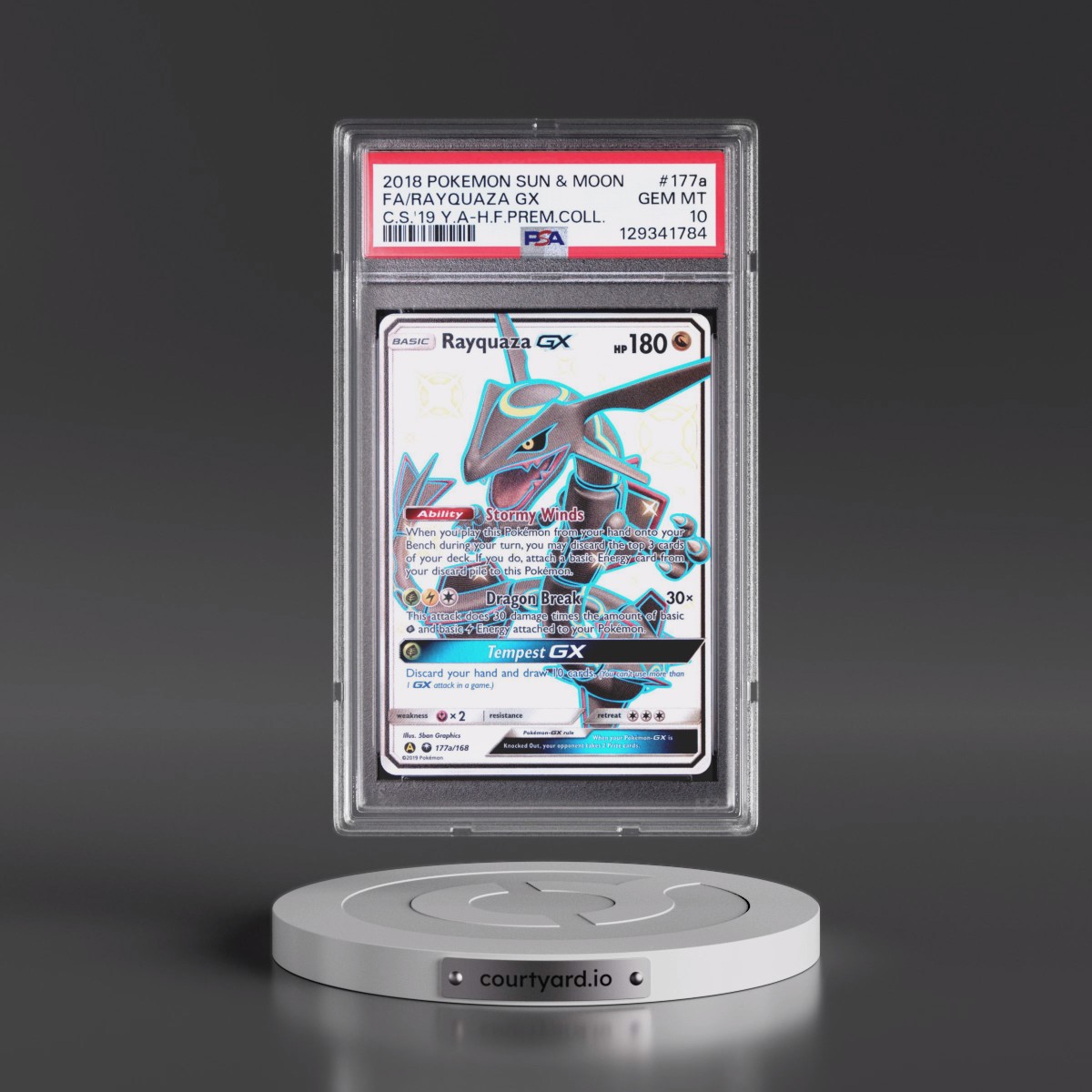 2018 Pokémon Sun & Moon Celestial Storm #177a Rayquaza GX - Holo Full Art 2019 Yellow A Hidden Fates Premium Collection (PSA 10 GEM MINT)