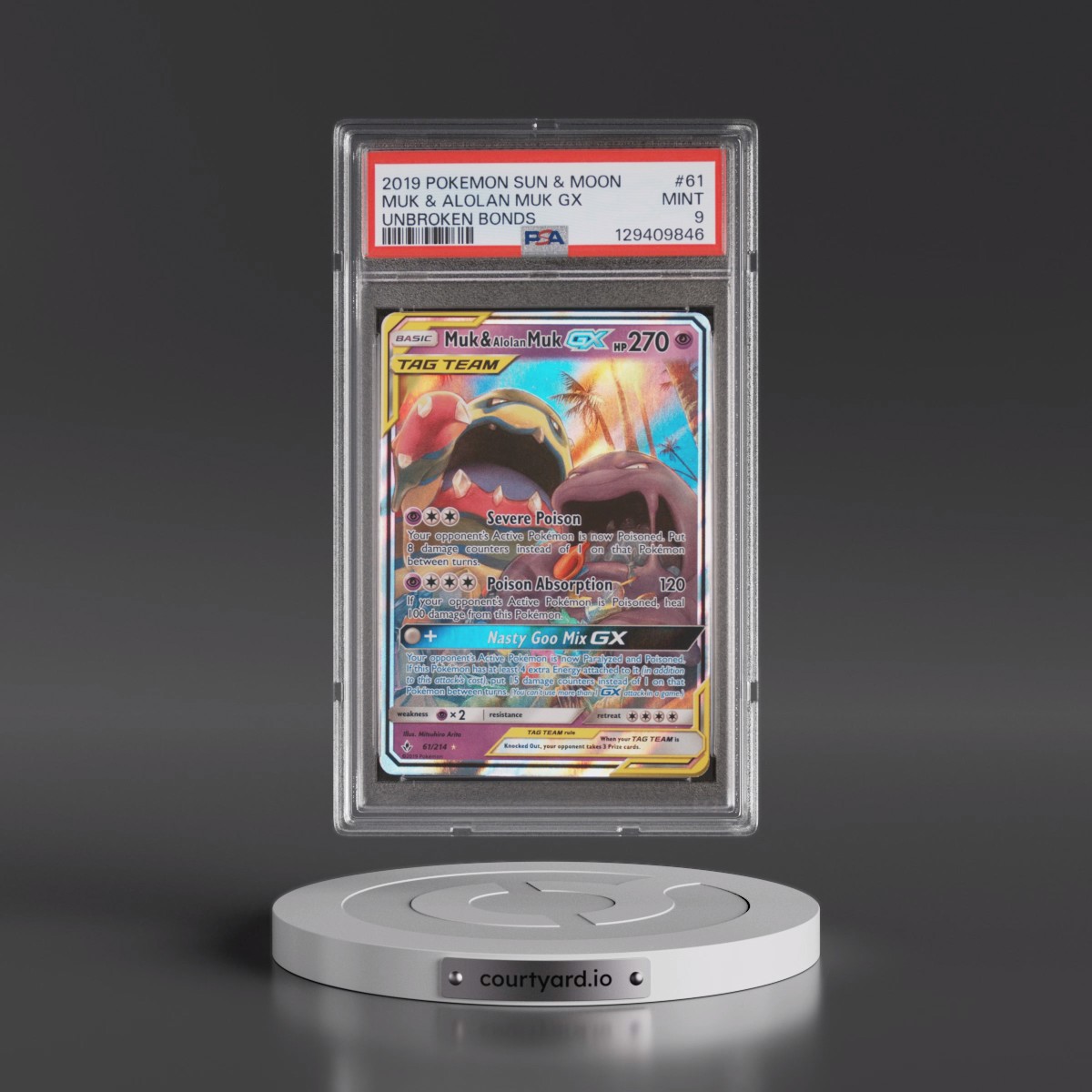 2019 Pokémon Sun & Moon Unbroken Bonds #61 Muk & Alolan Muk GX - Holo (PSA 9 MINT)