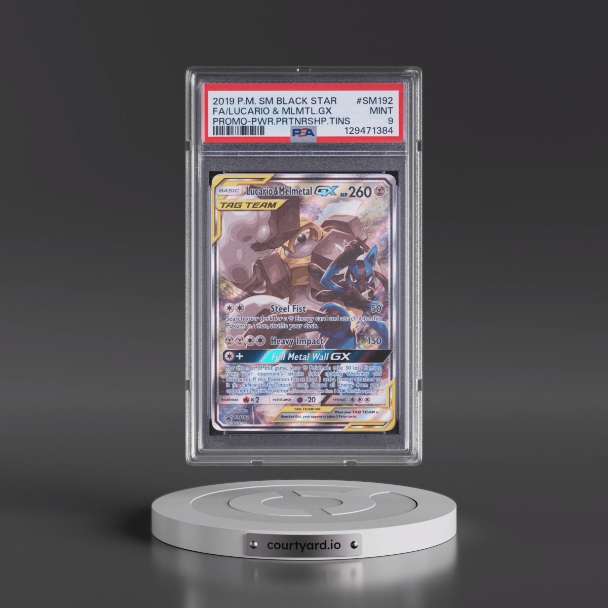 2019 Pokémon SM Black Star Promo #SM192 Lucario & Melmetal GX - Holo Full Art Power Partnership Tins (PSA 9 MINT)