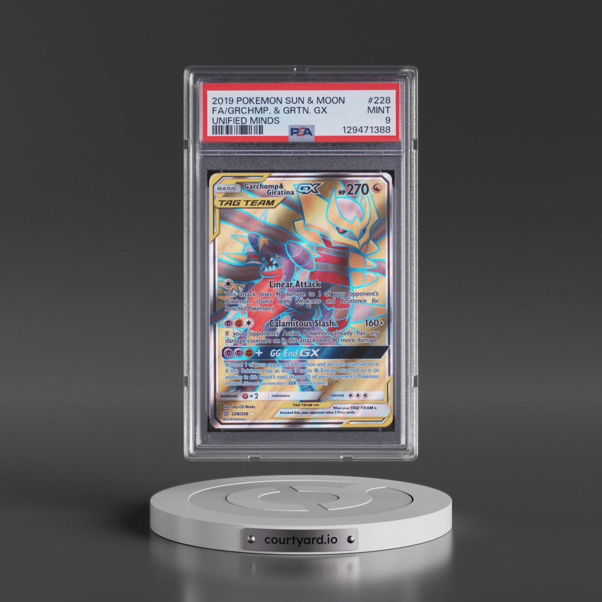 2019 Pokémon Sun & Moon Unified Minds #228 Garchomp & Giratina GX - Holo Full Art (PSA 9 MINT)